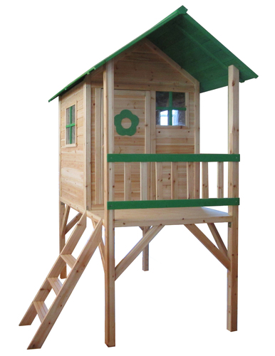 Funkcjonalny domek dla najmłodszych wykonany z drewna jodłowego, znakomity do zabaw na świeżym powietrzu