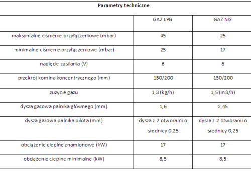 parametry techniczne kominka na gaz