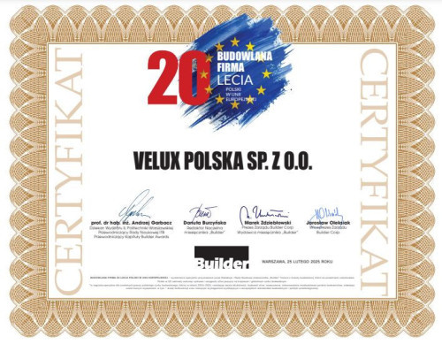VELUX Polska otrzymała prestiżowy tytuł „Budowlana Firma 20-lecia”