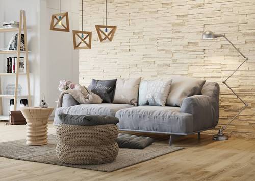 Estetyczny aranż ściany za salonową sofą z wykorzystaniem płytek dekoracyjnych