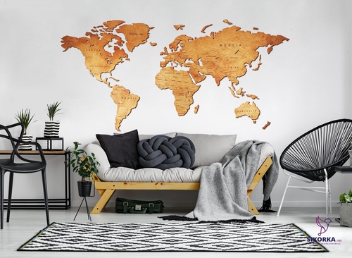 Drewniane mapy świata i 2 inne, oryginalne dekoracje na ścianę