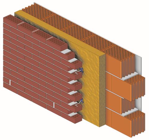 Dwie, połączone kotwami ściany – wewnętrzna konstrukcyjna i zewnętrzna klinkierowa – a pomiędzy nimi warstwa izolacji z wełny mineralnej.