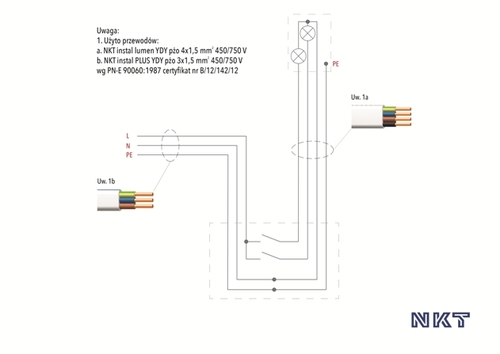 schemat połączeń instalacji elektrycznej oświetlenia podstawowego (instalacja bez puszek rozgałęzionych)