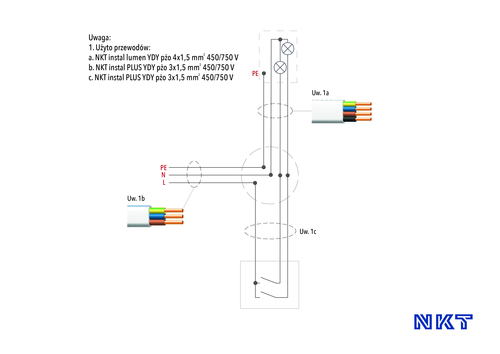 schemat połączeń instalacji elektrycznej oświetlenia podstawowego (instalacja z puszkami rozgałęzionymi)